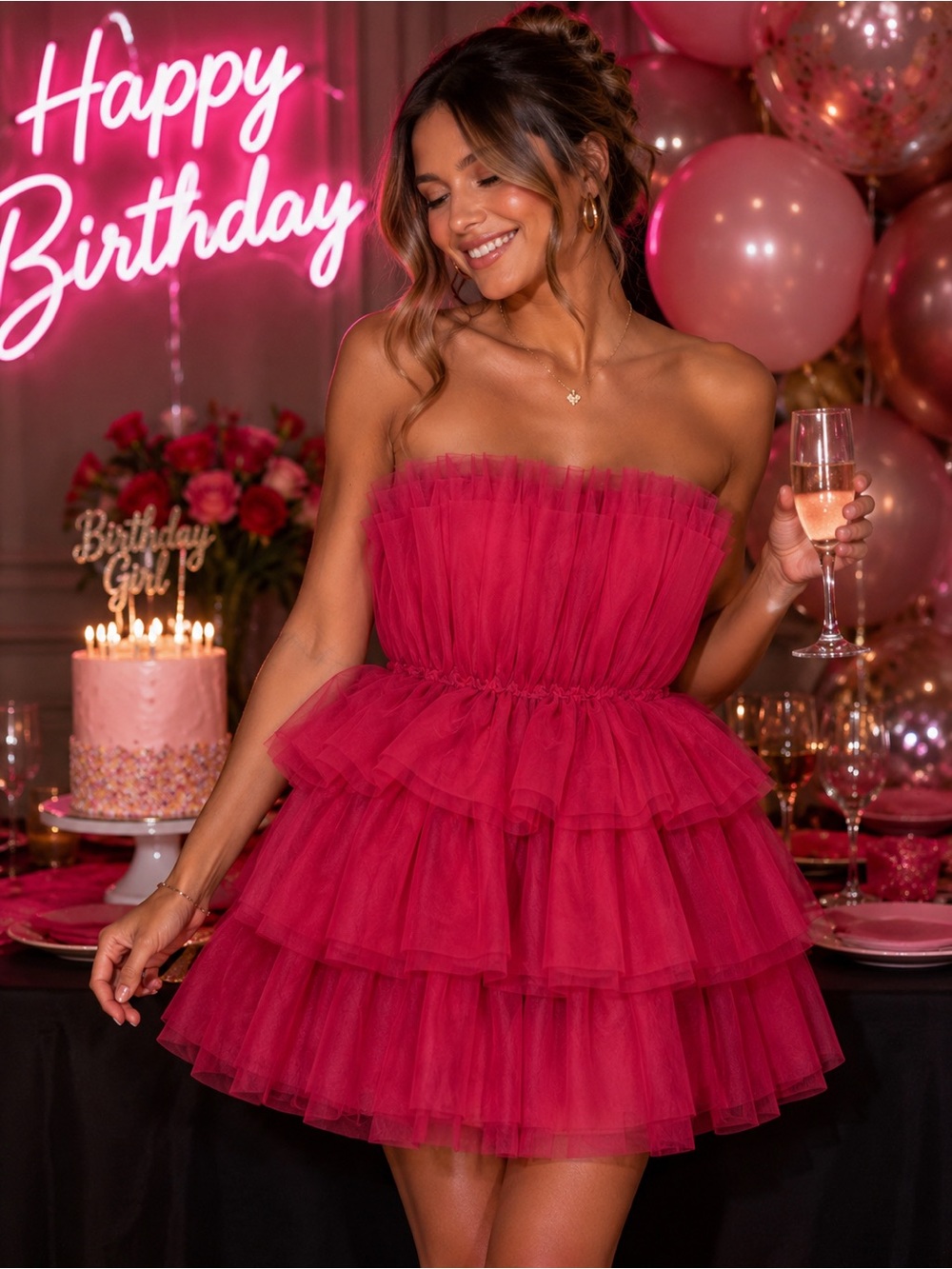 Altar'd State Daria Tulle Mini Dress S Berry Strapless Tiered Ruffle Layers NWT - Picture 3 of 7